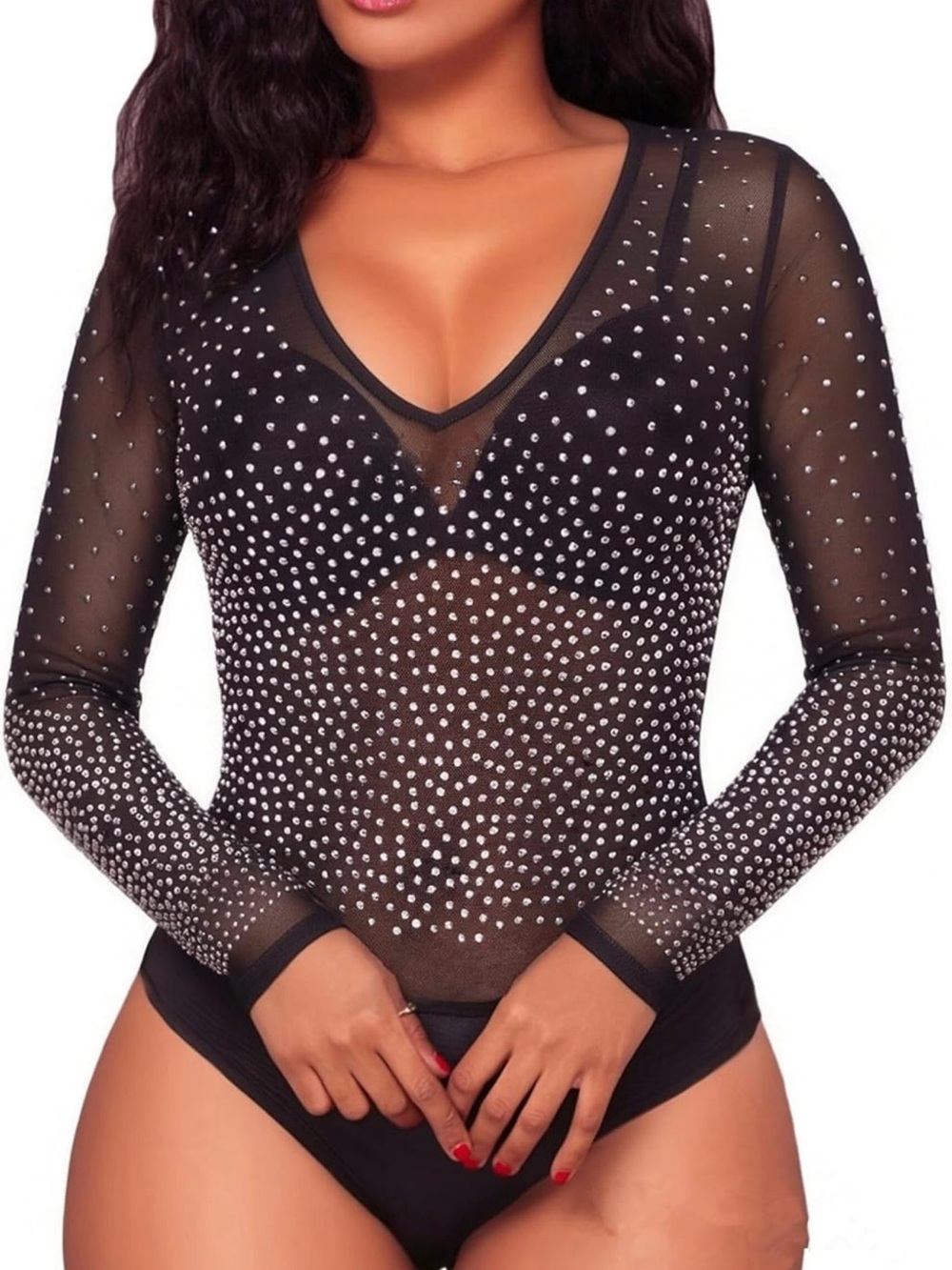 Sheer Black Long-Sleeve Rhinestone Bodysuit - Elegant Evening Top